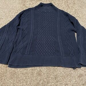 J Crew Navy Blue Cable Knit Mock Neck Sweater Women Size M